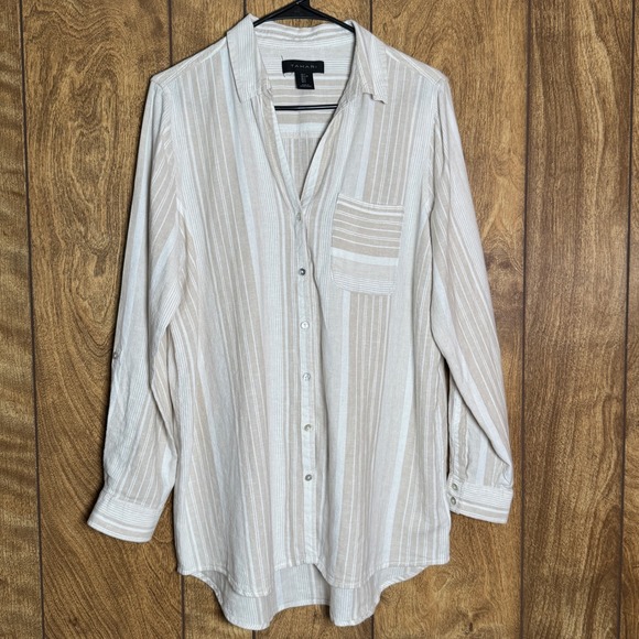 Tahari Tops - Tahari Beige Striped Linen/Rayon Button Shirt Tunic Top Lagenlook Coastal Chic L
